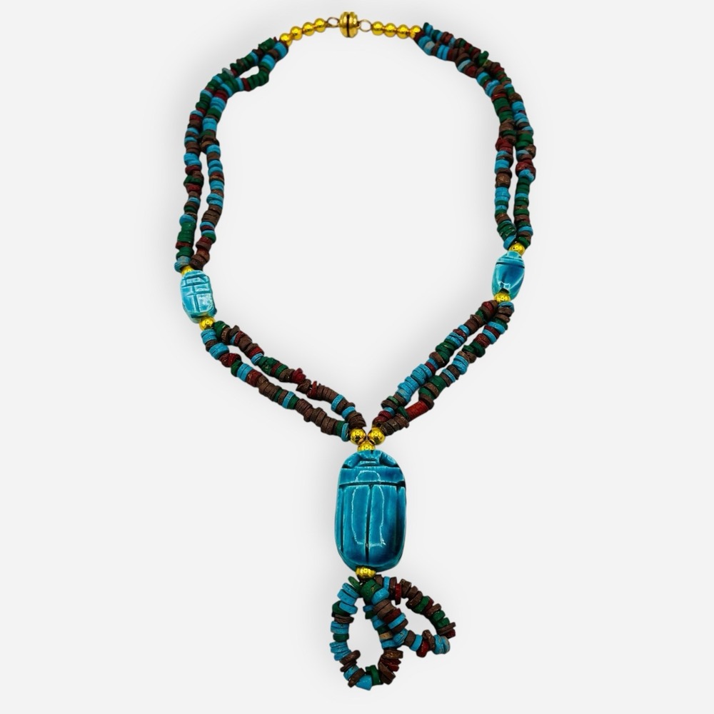 Vintage‎ Egyptian Revival Scarab Necklace Carved Beetle Turquoise Faience Magnet